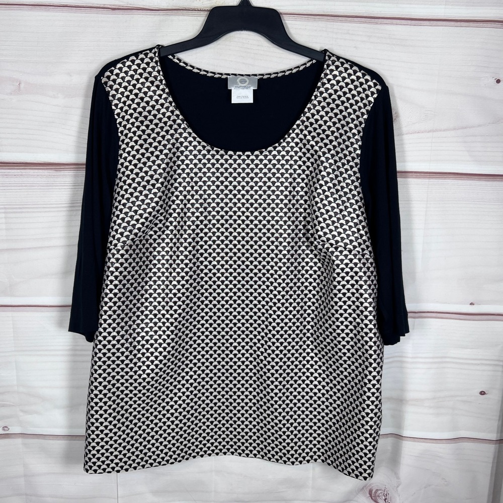 Marina Rinaldi Voyage Top Womens XL Black Metallic Geometric Scallop 3/4 Sleeve